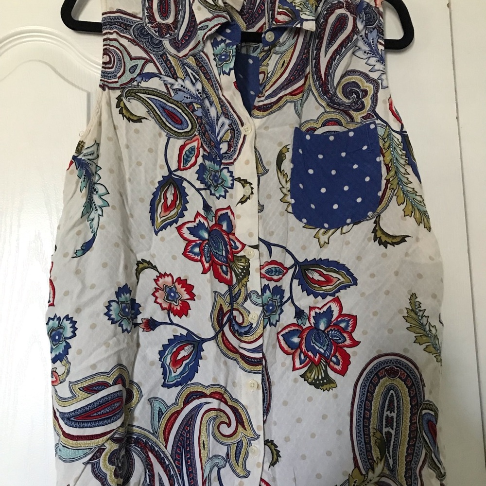 Sleeveless Paisley Floral Button-Front Top - Blue/White